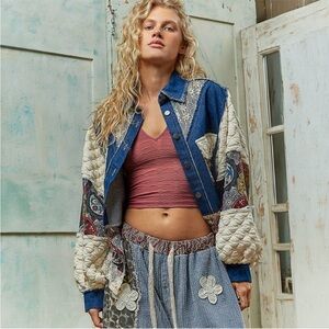 Pol M Patchwork Denim Jacket with Pearl and lace detail